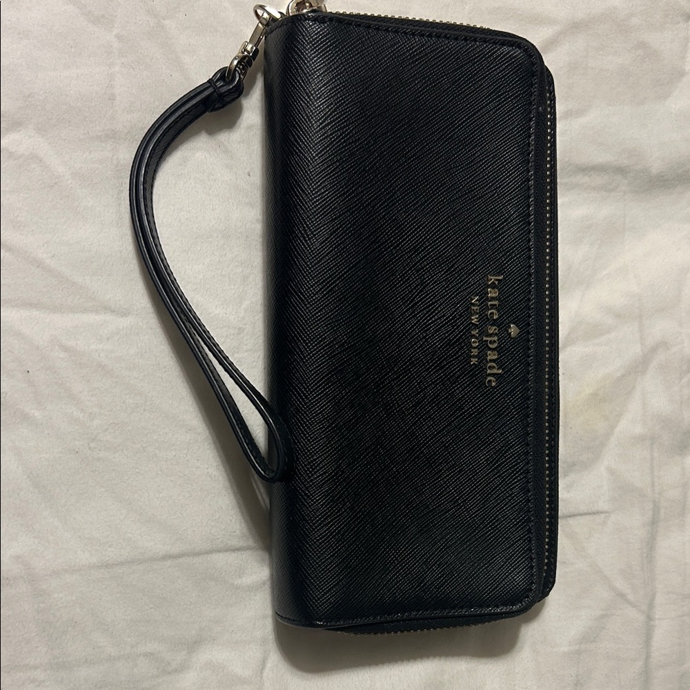 kate spade Black Leather Zip Wristlet with Gold Logo